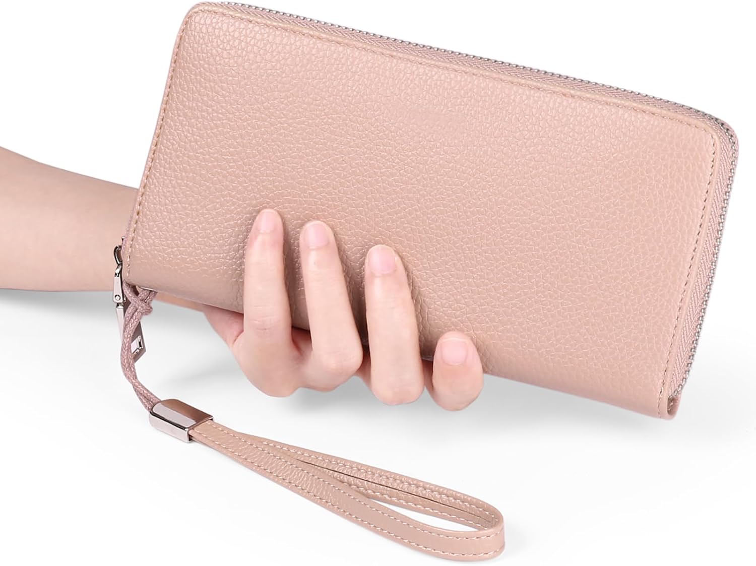 GOIACII Leather Women's Wallets, Large Capacity Long Ladies Purse Card Holder Purse for Women with RFID Blocking and Detachable Wrist Pink