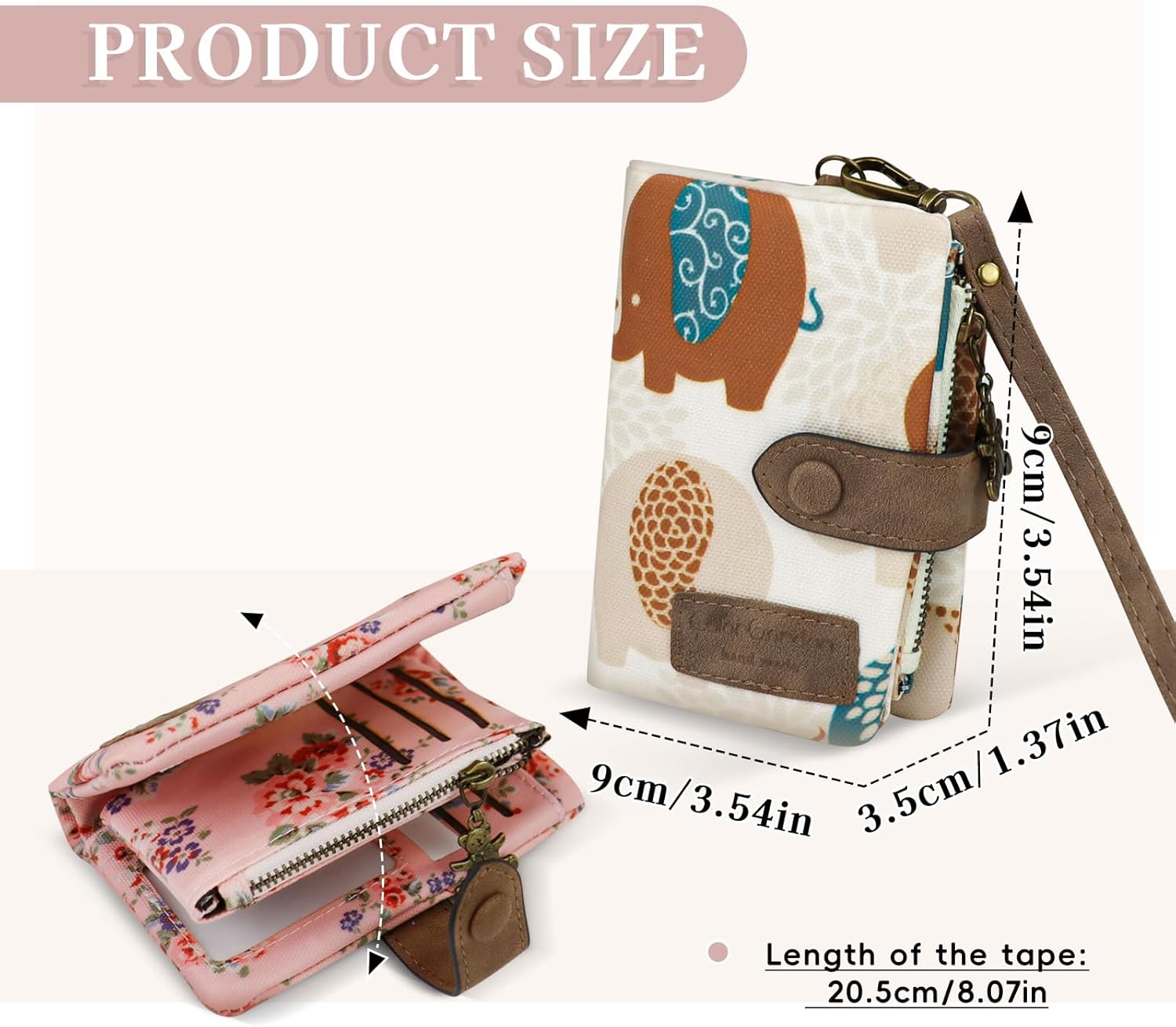 Small Purses for Women Stylish Ladies Wallet with Detachable Wrist Strap, Multi Card Slot Women Wallets Portable Ladies Purse with 11 Card Slots and 2 Zip Pockets (Elephant)