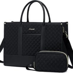 LOVEVOOK Handbags for Women Laptop Bags 15.6 Inch, Ladies Tote Bag for Work Office Business School, Large Womens Shoulder Bag with Adjustable Straps & Clutch Bag Lightweight, Black
