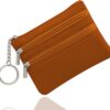 Women's Genuine Leather Coin Purse, Change Wallet, Mini Pouch Change Wallet, Zipper Mini Cash Wallet with Key Ring, Brown (LQB-ZE-01)