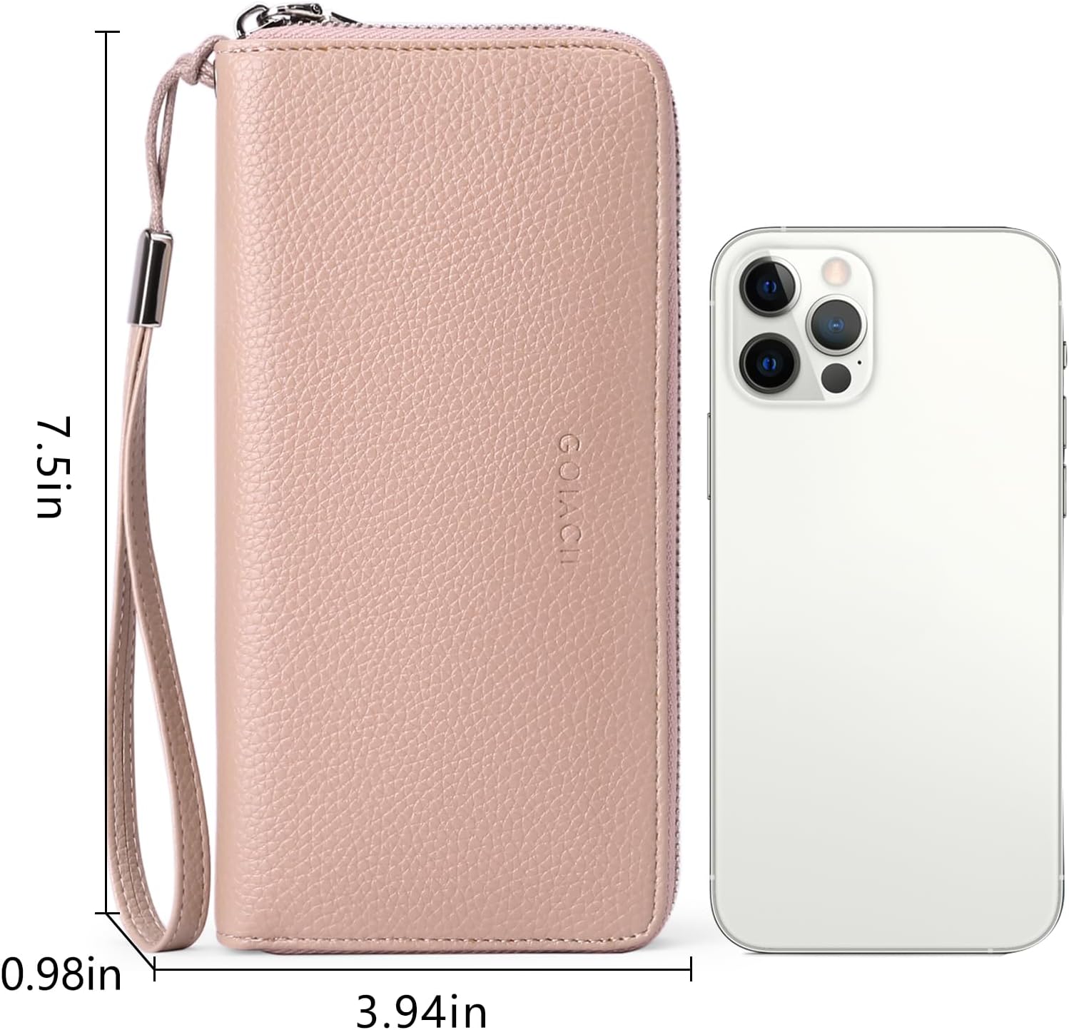 GOIACII Leather Women's Wallets, Large Capacity Long Ladies Purse Card Holder Purse for Women with RFID Blocking and Detachable Wrist Pink