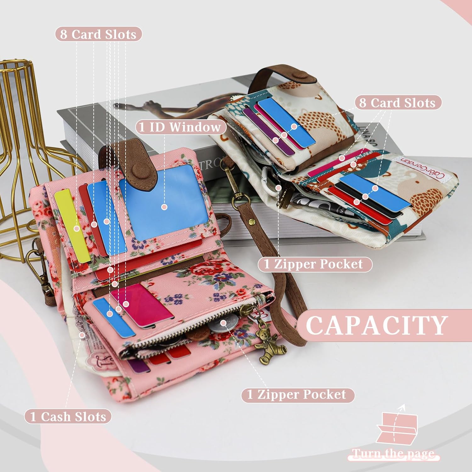 Small Purses for Women Stylish Ladies Wallet with Detachable Wrist Strap, Multi Card Slot Women Wallets Portable Ladies Purse with 11 Card Slots and 2 Zip Pockets (Elephant)