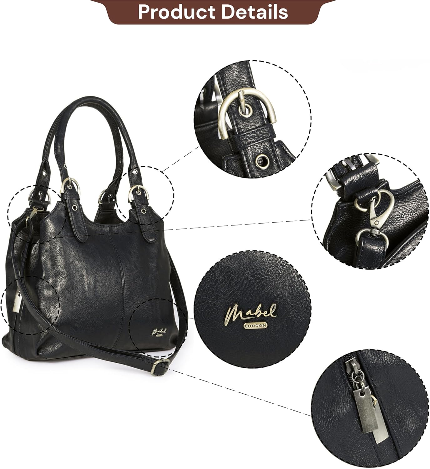 Mabel London Shoulder Bag for Women – Faux Leather Lightweight Crossbody Handbag – Vegan Everyday Handbag with Zipped Compartments – Ideal for Work, Travel & Casual Outfits