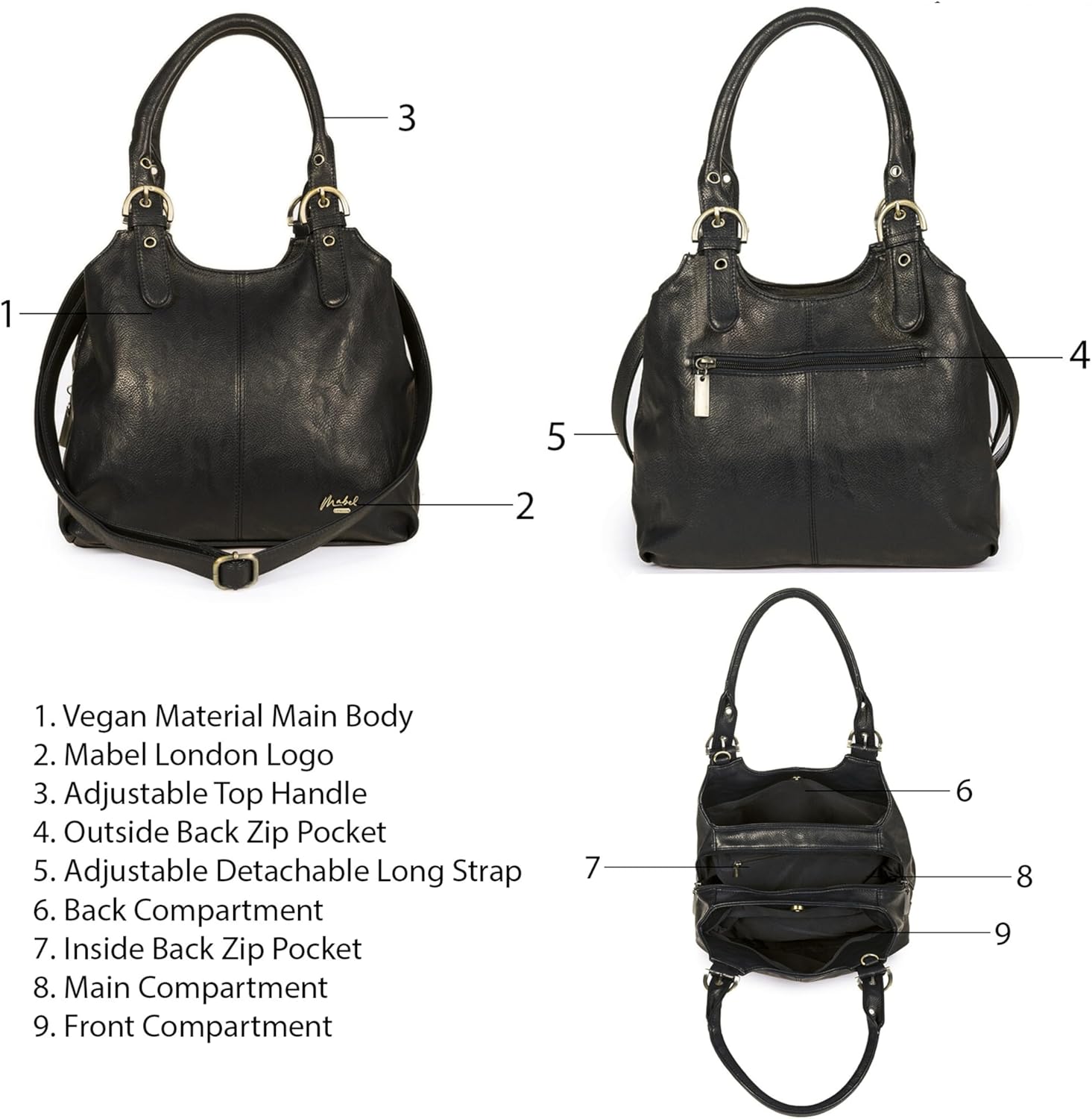 Mabel London Shoulder Bag for Women – Faux Leather Lightweight Crossbody Handbag – Vegan Everyday Handbag with Zipped Compartments – Ideal for Work, Travel & Casual Outfits