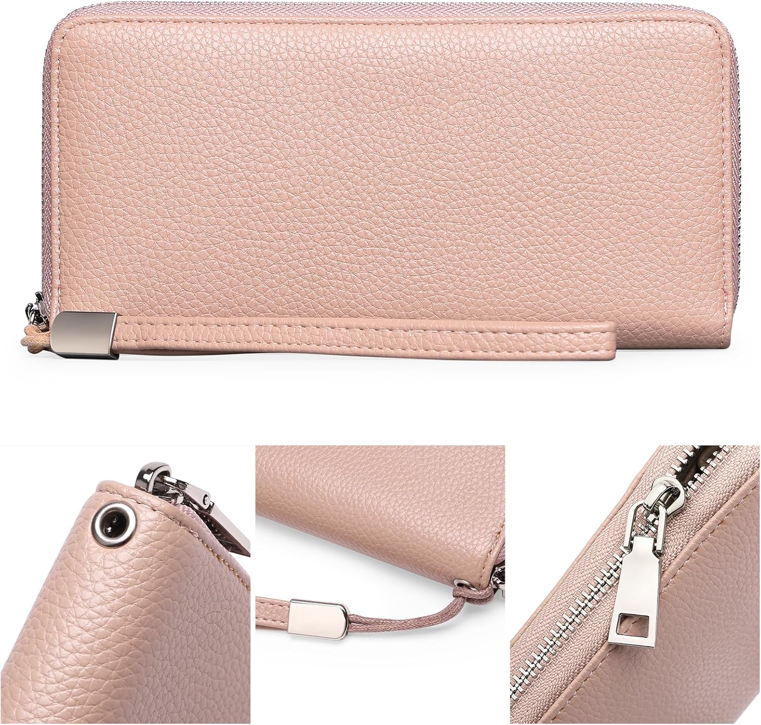 GOIACII Leather Women's Wallets, Large Capacity Long Ladies Purse Card Holder Purse for Women with RFID Blocking and Detachable Wrist Pink